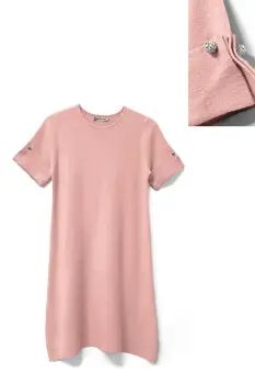 Rochie scurta A-line tricotata, cu maneca scurta si nasture decorativ, roz imagine