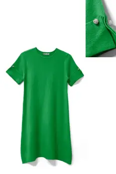 Rochie scurta A-line tricotata, cu maneca scurta si nasture decorativ, verde imagine