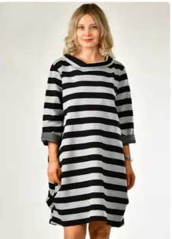 Rochie scurta casual in dungi gri-negru cu croi lejer si guler intors, din vascoza imagine