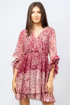 Rochie scurta din voal cu imprimeu floral pe fond bordo imagine
