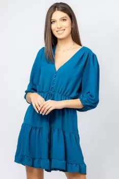 Rochie scurta din voal cu maneci 3 4 si volanase, albastra imagine