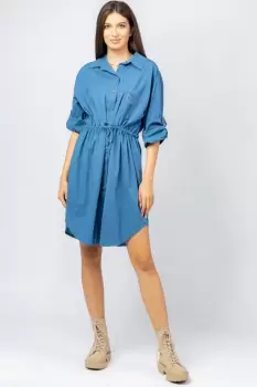 Rochie scurta tip camasa, din bumbac, cu siret in talie, albastra imagine