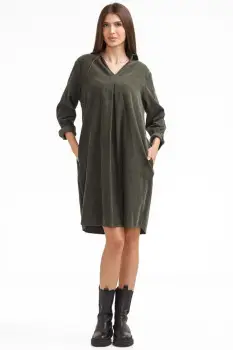 Rochie scurta tip camasa din catifea reiata verde, kaki imagine