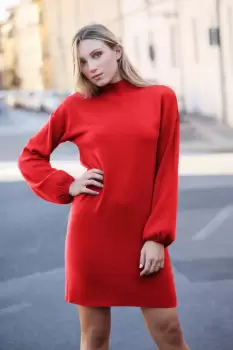 Rochie scurta tricotata cu maneca bufanta, rosie imagine