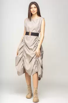 Rochie spectaculoasa bej, din poplin satinat, cu falduri imagine