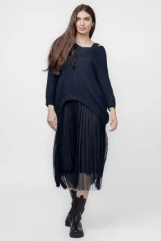 Rochie suprapusa cu puloveras cu maneca lunga si tulle plisat, bleumarin imagine