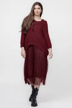 Rochie suprapusa cu puloveras cu maneca lunga si tulle plisat, bordo imagine