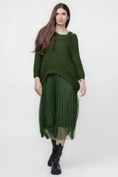 Rochie suprapusa cu puloveras cu maneca lunga si tulle plisat, kaki imagine