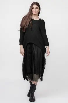 Rochie suprapusa cu puloveras cu maneca lunga si tulle plisat, neagra imagine