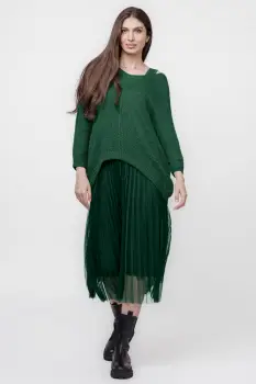 Rochie suprapusa cu puloveras cu maneca lunga si tulle plisat, verde inchis imagine