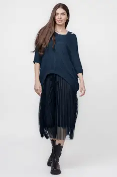 Rochie suprapusa cu puloveras si tulle plisat, bleumarin imagine