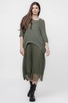 Rochie suprapusa cu puloveras si tulle plisat, kaki imagine