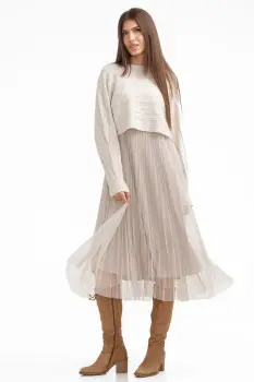 Rochie suprapusa din tulle cu bulinute cu puloveras cu model, bej deschis imagine