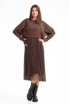 Rochie suprapusa din tulle cu bulinute cu puloveras cu model, maro imagine