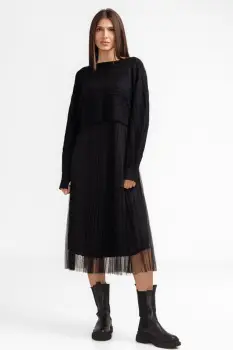 Rochie suprapusa din tulle cu bulinute cu puloveras cu model, neagra imagine