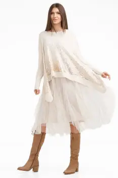 Rochie suprapusa din tulle, cu pulover in colturi oversize cu ploaie de paiete, bej imagine