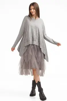 Rochie suprapusa din tulle, cu pulover in colturi oversize cu ploaie de paiete, gri imagine