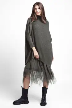 Rochie suprapusa din tulle, cu pulover oversize cu raze, gri imagine