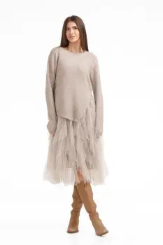 Rochie suprapusa din tulle cu volane cu pulover asimetric cu fermoar, bej imagine