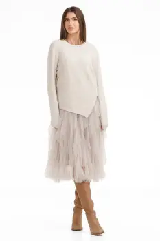 Rochie suprapusa din tulle cu volane cu pulover asimetric cu fermoar, bej ivoire imagine