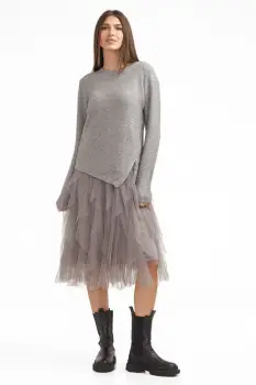 Rochie suprapusa din tulle cu volane cu pulover asimetric cu fermoar, gri imagine