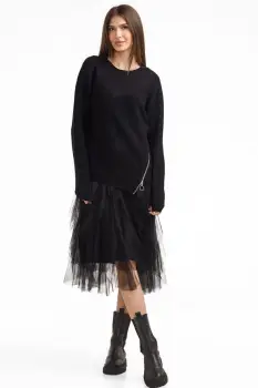 Rochie suprapusa din tulle cu volane cu pulover asimetric cu fermoar, neagra imagine