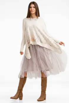 Rochie suprapusa din tulle cu volane suprapuse, cu pulover in colturi oversize cu ploaie de paiete, bej imagine