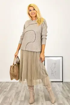 Rochie suprapusa din tulle plisat, cu puloveras, bej imagine