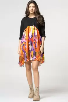 Rochie trendy cu imprimeu chipuri predominant portocaliu, din bumbac imagine