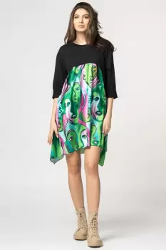 Rochie trendy cu imprimeu chipuri predominant verde, din bumbac imagine