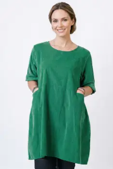 Rochie tunica din catifea reiata, croi lejer cu buzunare, stil casual modern, verde smarald imagine