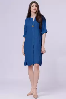 Rochie tunica din in albastru electric, cu nasture metalic decorativ imagine