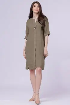 Rochie tunica din in bej inchis, cu nasture metalic decorativ imagine