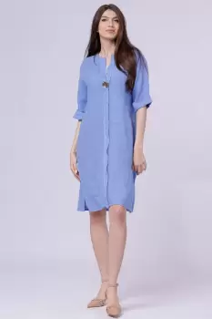 Rochie tunica din in bleu, cu nasture metalic decorativ imagine