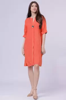 Rochie tunica din in corai, cu nasture metalic decorativ imagine