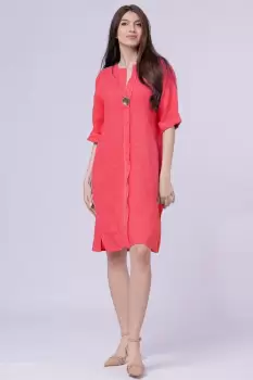 Rochie tunica din in fucsia, cu nasture metalic decorativ imagine