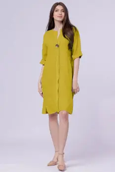 Rochie tunica din in galbena, cu nasture metalic decorativ imagine