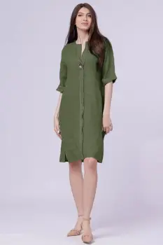 Rochie tunica din in kaki, cu nasture metalic decorativ imagine