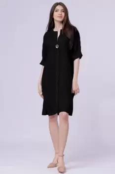 Rochie tunica din in neagra, cu nasture metalic decorativ imagine