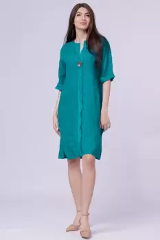 Rochie tunica din in turcoaz, cu nasture metalic decorativ imagine