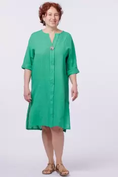 Rochie tunica din in verde, cu nasture metalic decorativ imagine
