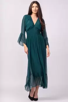 Rochie turcoaz din matase naturala cu banda elastica in talie si volane imagine