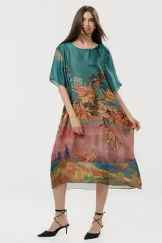 Rochie turcoaz eleganta satinata A-line cu croiala lejera si imprimeu floral in tonuri de roz-oranj imagine