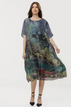 Rochie turcoaz eleganta satinata A-line cu croiala lejera si imprimeu pictural imagine