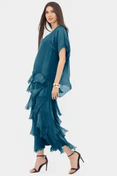 Rochie turcoaz inchis din matase naturala cu volane franjurate suprapuse imagine