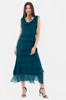 Rochie turcoaz inchis din matase naturala cu volane franjurate suprapuse, fara maneci imagine