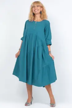 Rochie turcoaz oversize, cu maneca scurta, cu trei volane asimetrice, din poplin satinat imagine
