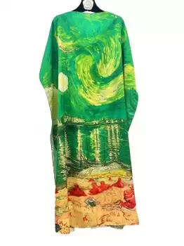 Rochie verde de plaja lunga tip poncho din matase cu reproducere dupa Noapte Instelata deasupra Rhonului de Claude Monet imagine
