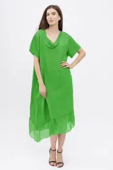 Rochie verde deschis usor asimetrica A-line, din in cu guler si volan din matase, oversize imagine