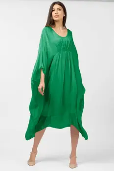 Rochie verde in colturi, lunga, ampla, din matase naturala, cu detaliu sub bust imagine